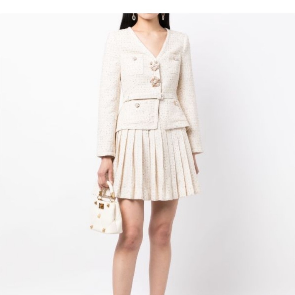 Self-Portrait pleated metallic bouclé jacket minidress
